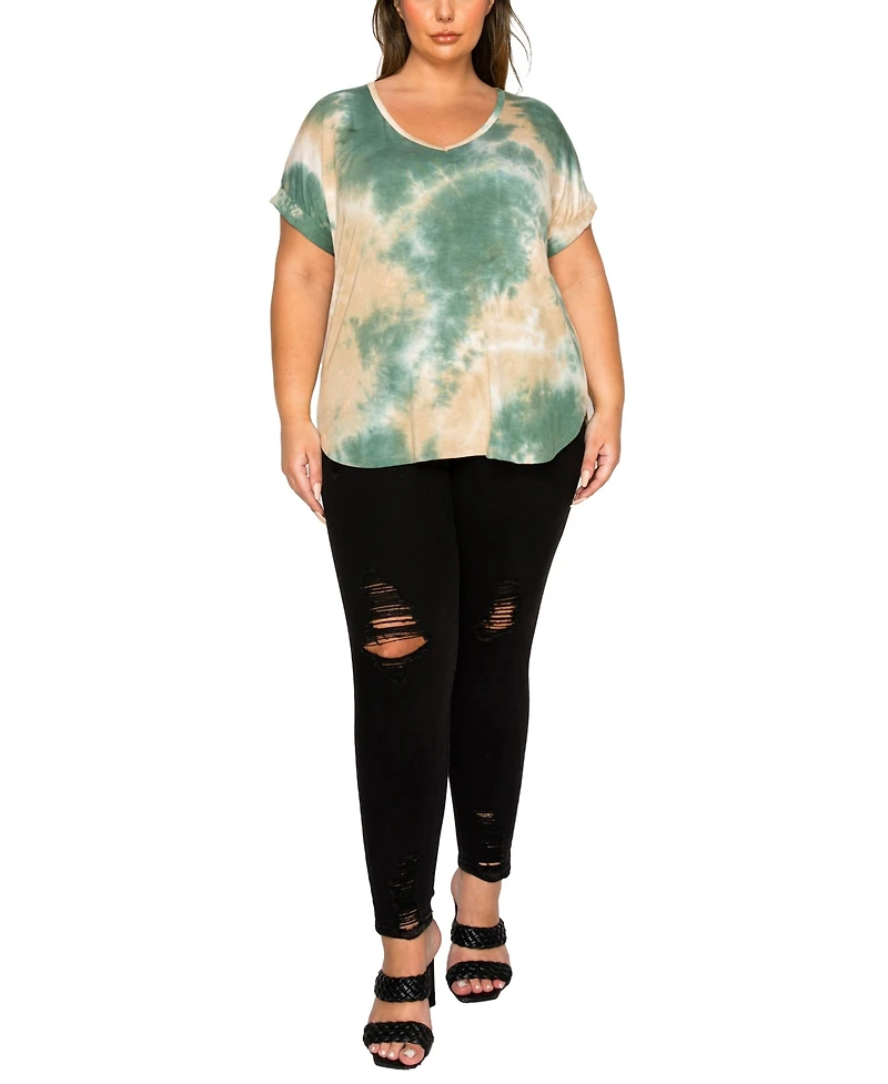 Coin 1804 Plus Size Tie Dye V-Neck Rolled Sleeve Dolman T-Shirt