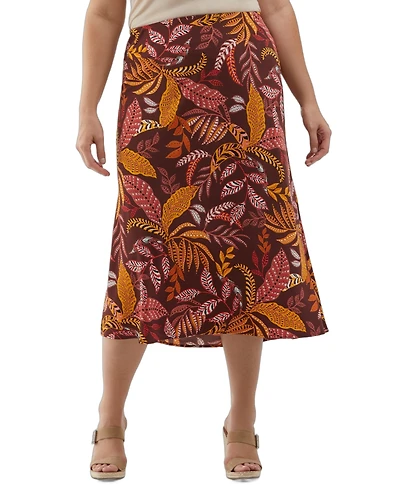 Ella Rafaella Plus Leaf Print Shine Midi Bias Skirt