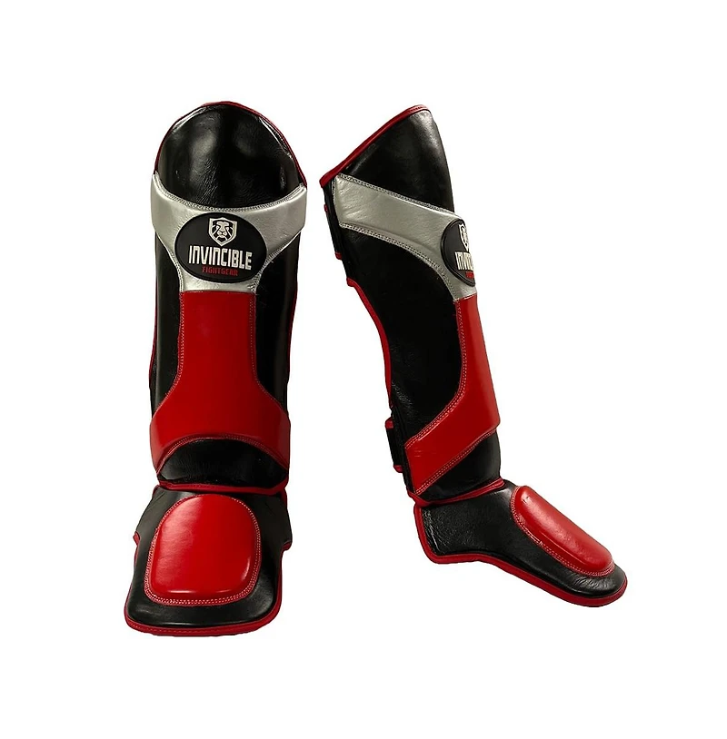 Invincible Shin & Instep - Premium Synthetic Leather Shin Guards for Muay Thai, Mma, Martial Arts Training & Sparring,Black/Red/Silver
