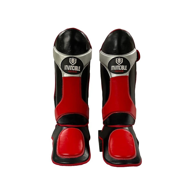 Invincible Shin & Instep - Premium Synthetic Leather Shin Guards for Muay Thai, Mma, Martial Arts Training & Sparring,Black/Red/Silver