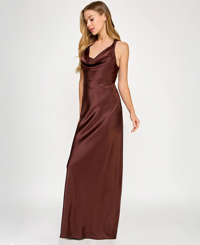 Seni & Cade Juniors' Satin Cowl-Neck Halter Gown