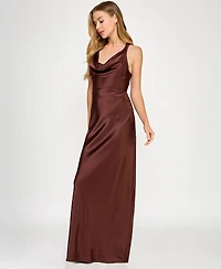 Seni & Cade Juniors' Satin Cowl-Neck Halter Gown