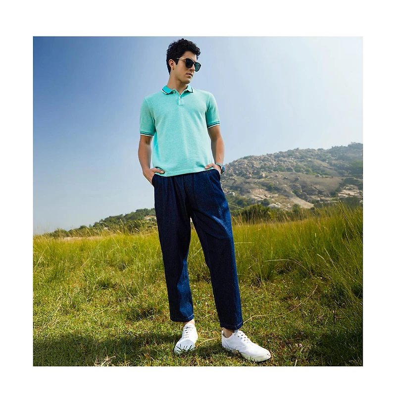 Campus Sutra Men's Aqua Blue Multitrack Knit Polo T-Shirt