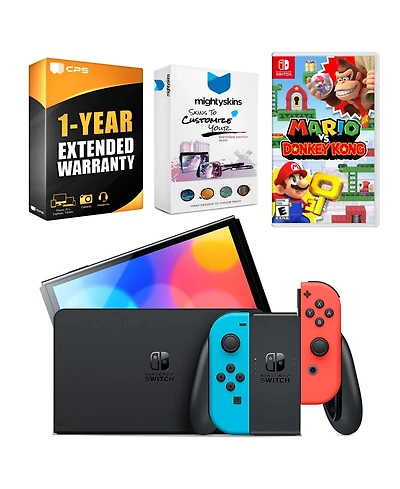 Nintendo Switch Neon Red & Blue Oled Console with Mario vs. Donkey Kong, MightySkins Console and Controller Skin Voucher