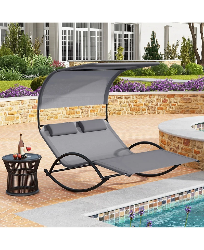Gymax Outdoor Double Chaise Rocker Rocking Daybed Sun Lounger w/ Sun Shade Canopy