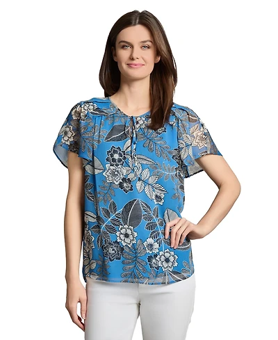Jones New York Petite Short Sleeve Popover Shirred Neck Top