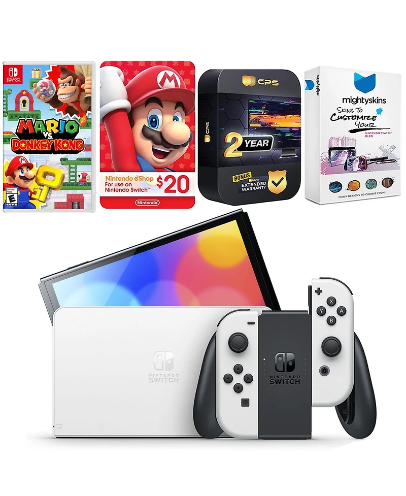 Nintendo Switch White Oled Console with Mario vs. Donkey Kong, Nintendo $20 eShop Gift Card, MightySkins Console and Controller Skin Voucher, and 2 Ye