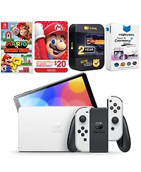 Nintendo Switch White Oled Console with Mario vs. Donkey Kong, Nintendo $20 eShop Gift Card, MightySkins Console and Controller Skin Voucher, and 2 Ye