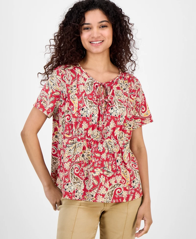 Nautica Jeans Women's Paisley-Print Tie-Neck Top