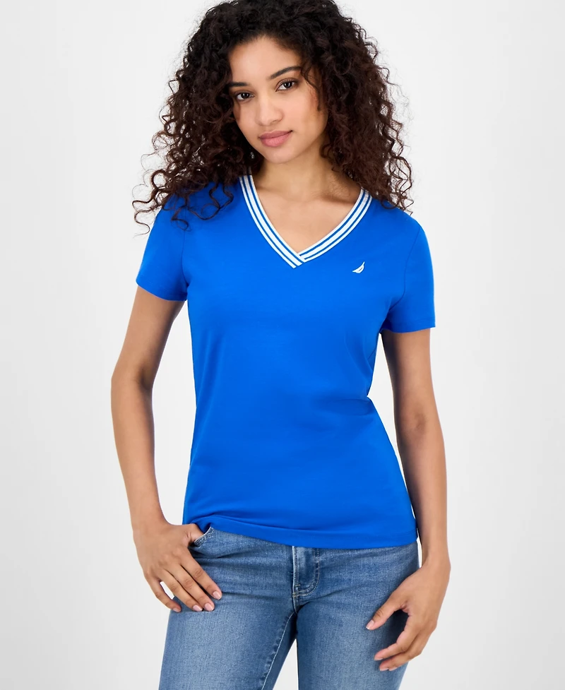 Nautica Jeans Women's Solid Stripe-Trim V-Neck