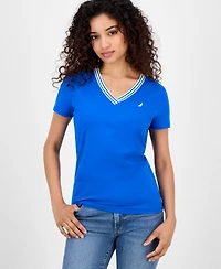 Nautica Jeans Women's Solid Stripe-Trim V-Neck