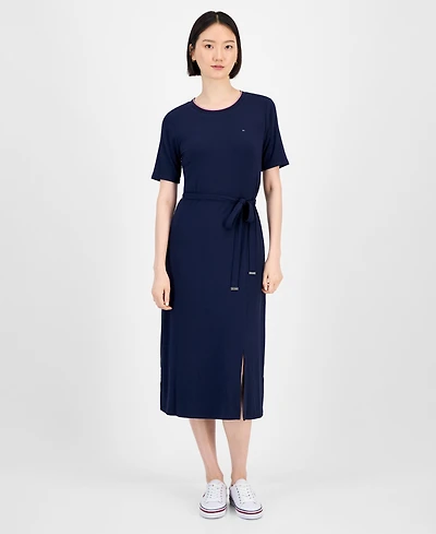 Tommy Hilfiger Women's Ribbed Belted Short-Sleeve Midi Dress