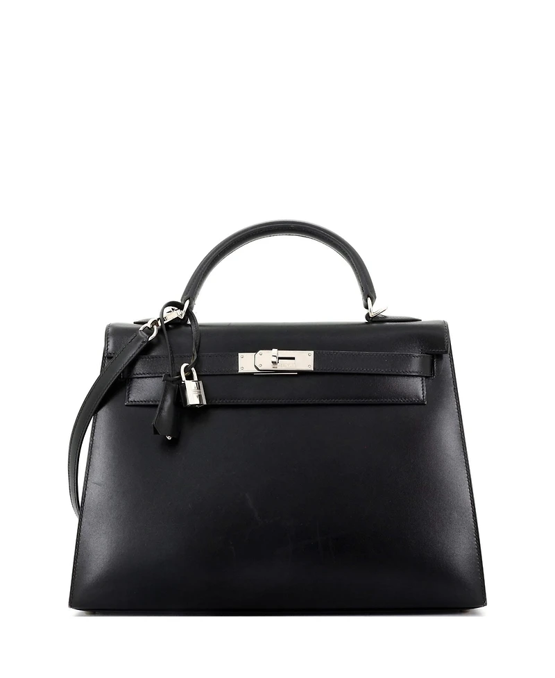 Pre-Owned Hermes Kelly 32 Handbag Black Box Calf with Palladium Hardware