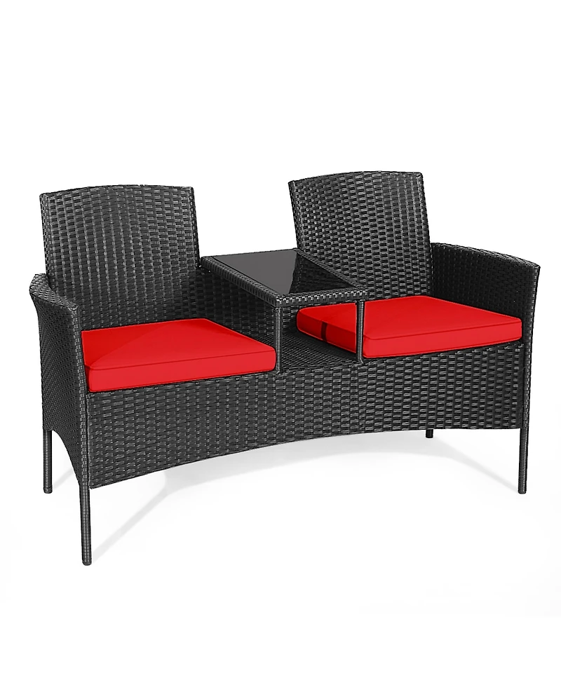 Gymax Rattan Wicker Patio Conversation Set w/ Table Red Cushion