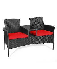 Gymax Rattan Wicker Patio Conversation Set w/ Table Red Cushion
