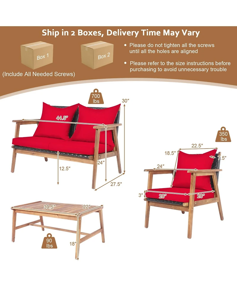 Gymax 4PCS Patio Conversation Set Wood Frame Furniture Set w/ Red Cushions