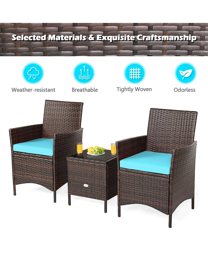 Gymax 3PCS Outdoor Rattan Conversation Set Patio Furniture Set w/ Cushions