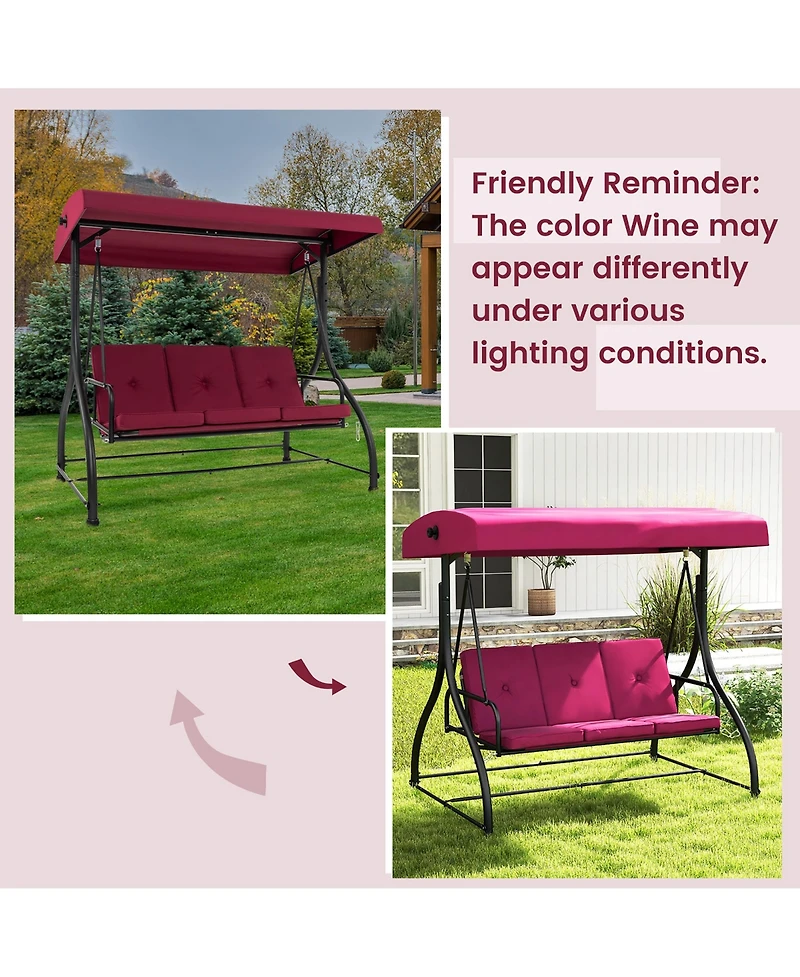 Gymax Converting Patio Swing Chair Porch Swing Bed w/Adjustable Canopy & Thickened Cushion