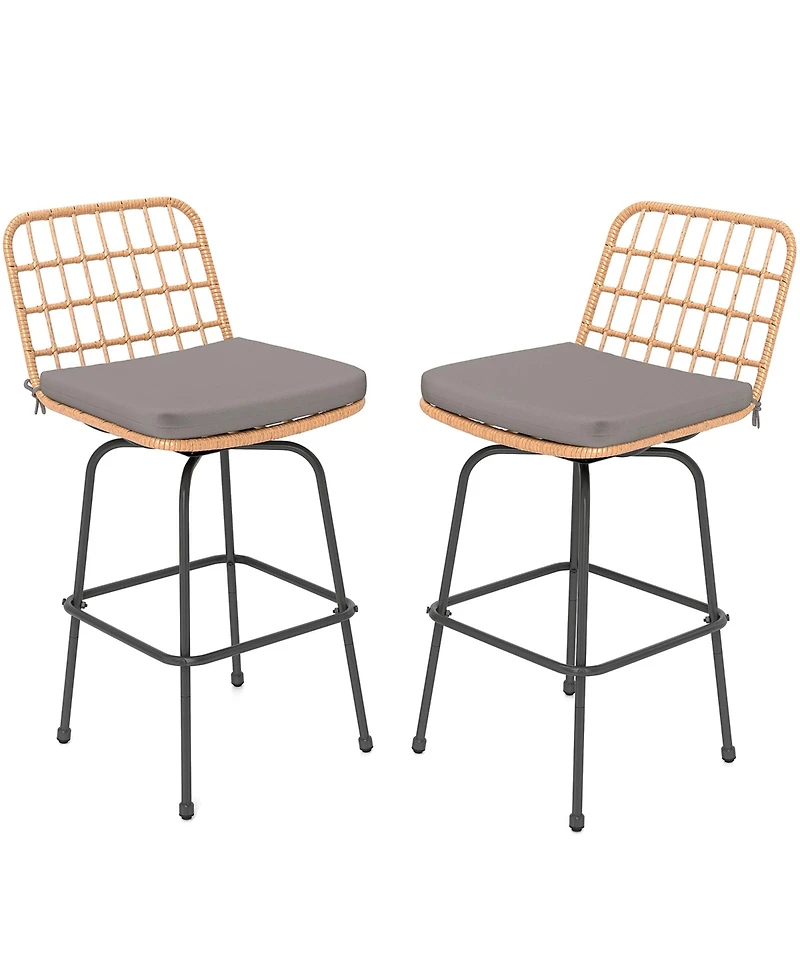 Gymax Patio 360° Swivel Bar Stools Set of 2 w/Backrests & Footrests Soft Seat Cushions