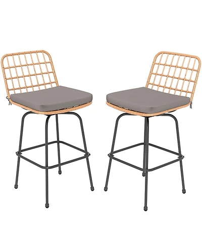 Gymax Patio 360° Swivel Bar Stools Set of 2 w/Backrests & Footrests Soft Seat Cushions