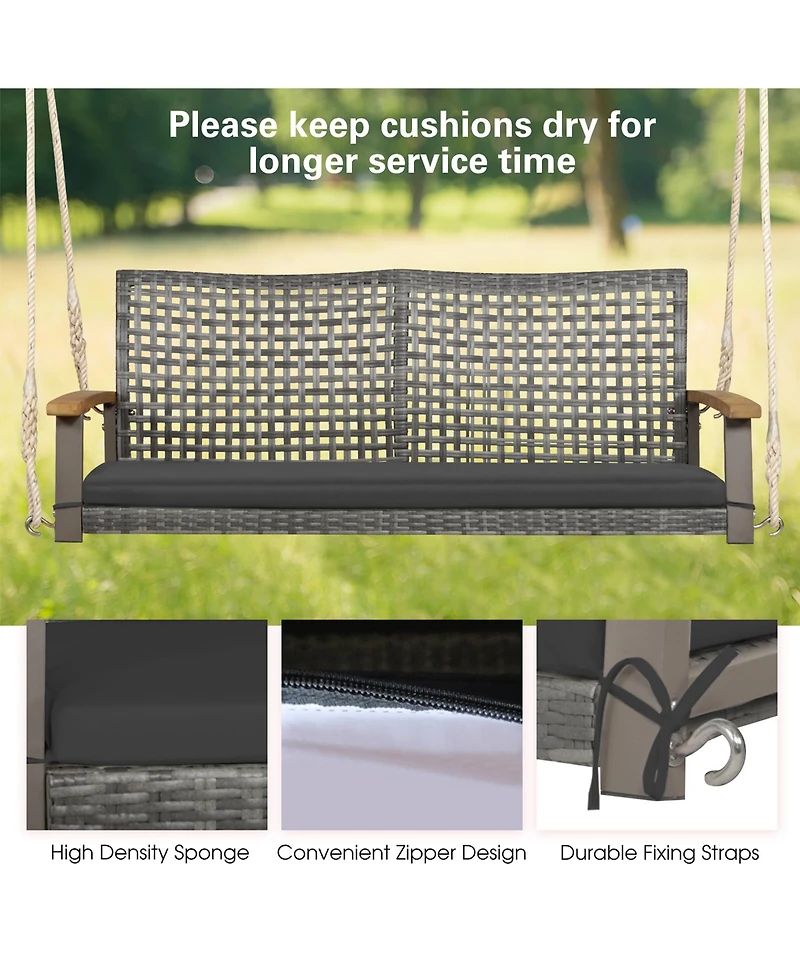 Gymax Rattan Patio Porch Swing 2-Person Cushioned Chair Bench w/ Hanging Ropes