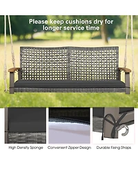 Gymax Rattan Patio Porch Swing 2-Person Cushioned Chair Bench w/ Hanging Ropes