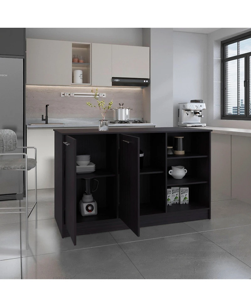 Mars Kitchen Island Two Cabinets, Three Open Shelves, Black Wengue