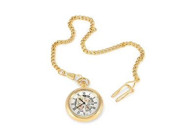 Peugeot Men's 14K Gold Plated Deco Skeleton Dial Vintage Pocket Watch with Clip-On Chain