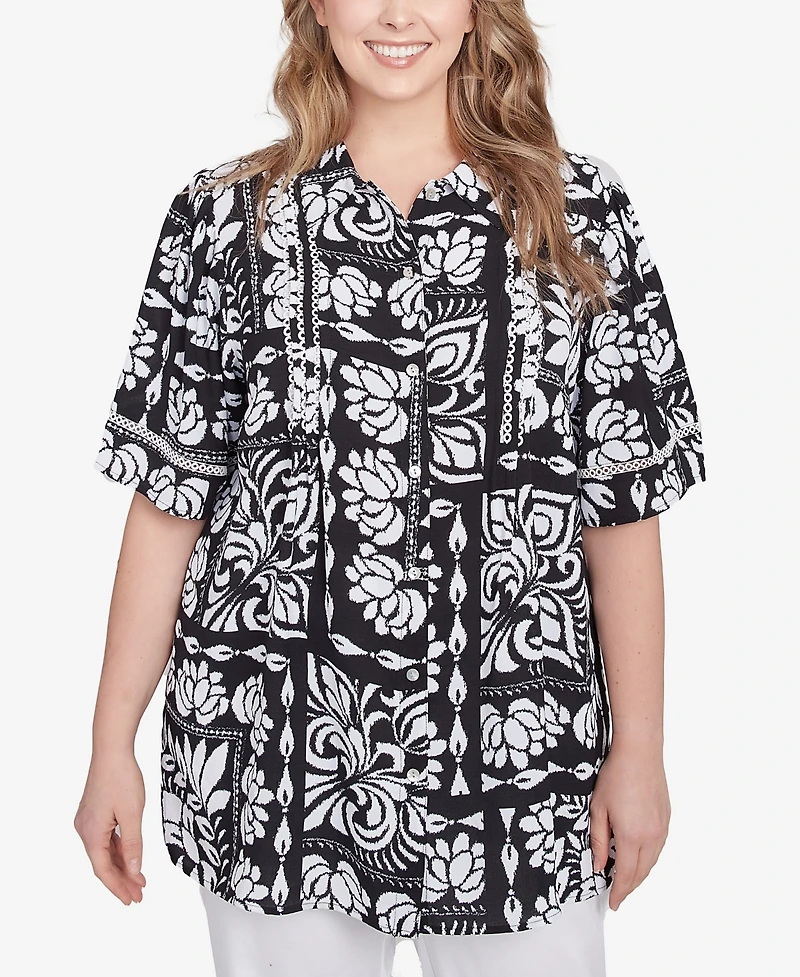 Ruby Rd. Plus Size Lotus Patchwork Button Front Camp Shirt