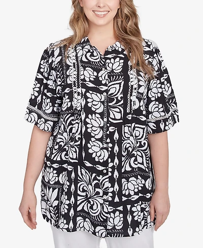 Ruby Rd. Plus Size Lotus Patchwork Button Front Camp Shirt