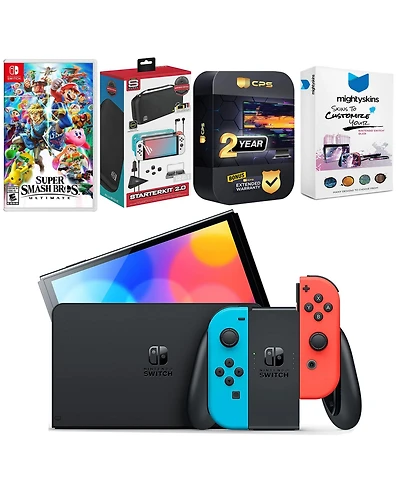 Nintendo Switch Neon Red & Blue Oled Console with Super Smash Bros. Ultimate Edition, Surge Accessory Gaming Kit, MightySkins Console and Controller S