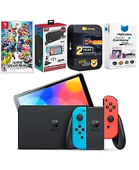 Nintendo Switch Neon Red & Blue Oled Console with Super Smash Bros. Ultimate Edition, Surge Accessory Gaming Kit, MightySkins Console and Controller S