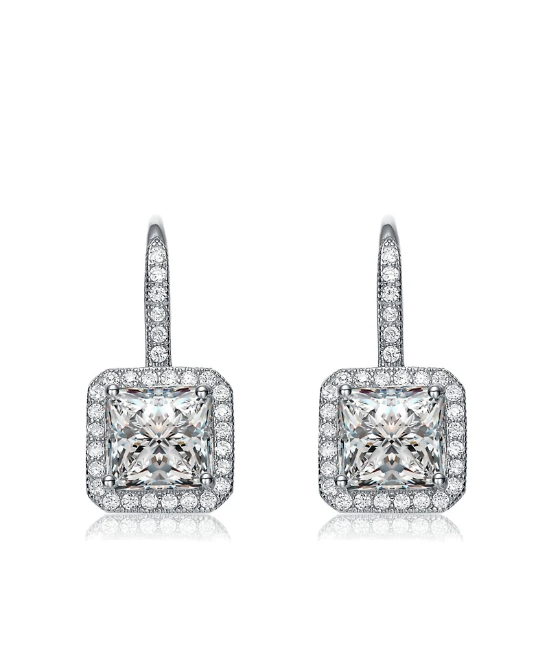 White Gold Plating with Clear Cubic Zirconia Leverback Halo Earrings