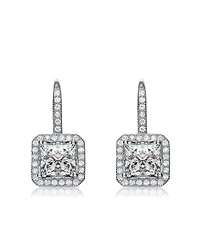 White Gold Plating with Clear Cubic Zirconia Leverback Halo Earrings