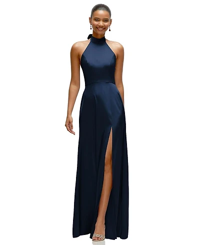After Six Women's Band Collar Halter Open Back Fluid Satin Maxi Dress with Self-Tie Bow