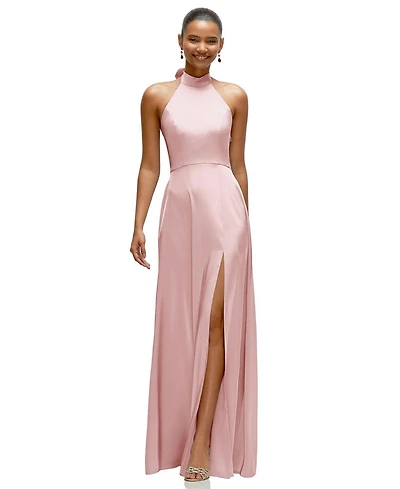 After Six Women's Band Collar Halter Open Back Fluid Satin Maxi Dress with Self-Tie Bow