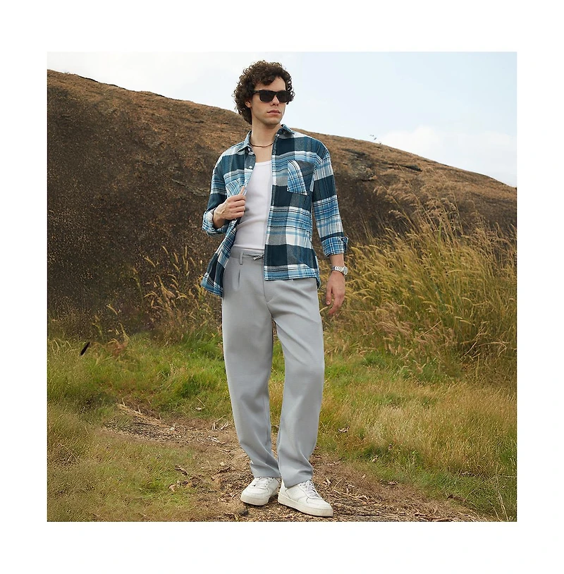 Campus Sutra Men's Cloud Grey Tailored Linen-Blend Trousers