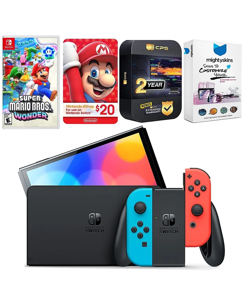 Nintendo Switch Neon Red & Blue Oled Console with Super Mario Bros. Wonder, Nintendo $20 eShop Gift Card