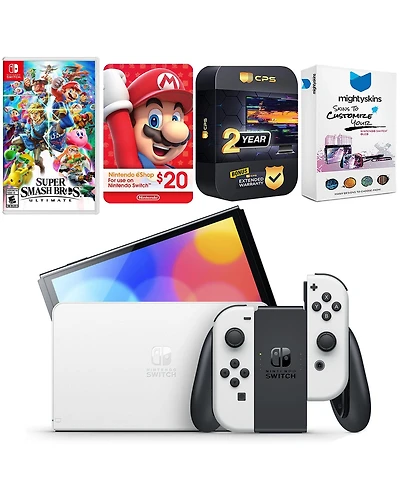 Nintendo Switch White Oled Console with Super Smash Bros: Ultimate, Nintendo $20 eShop Gift Card, MightySkins Console and Controller Skin Voucher, and