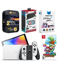 Nintendo Switch White Oled Console with Mario & Luigi: Brothership, Surge Accessory Gaming Kit, MightySkins Console and Controller Skin Voucher, and 2