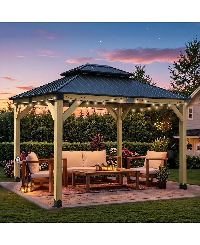 Aoodor 10 x 12 ft Wooden Frame Gazebo with 2-Tier Galvanized Metal Hardtop Roof, Outdoor Patio Gazebo with Charging Socket