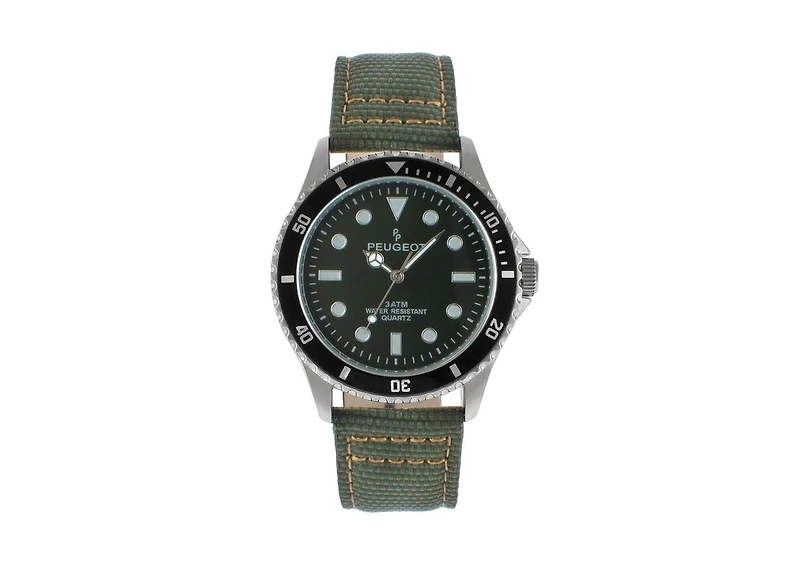 Peugeot Men's 42mm Sport Bezel Watch with Khaki Green Dial and Canvas Strap
