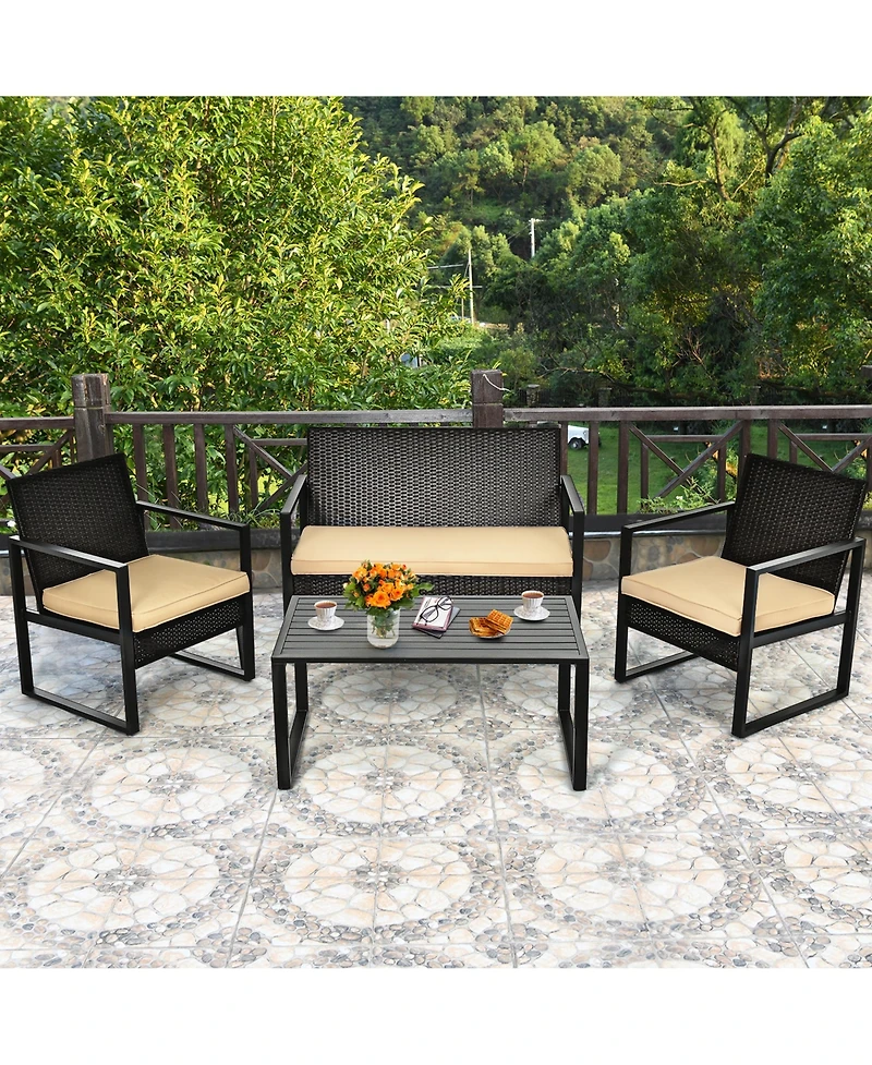 Gymax 4PCS Outdoor Wicker Rattan Furniture Set Patio Conversation Set With Cushions