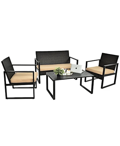 Gymax 4PCS Outdoor Wicker Rattan Furniture Set Patio Conversation Set With Cushions