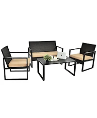 Gymax 4PCS Outdoor Wicker Rattan Furniture Set Patio Conversation Set With Cushions