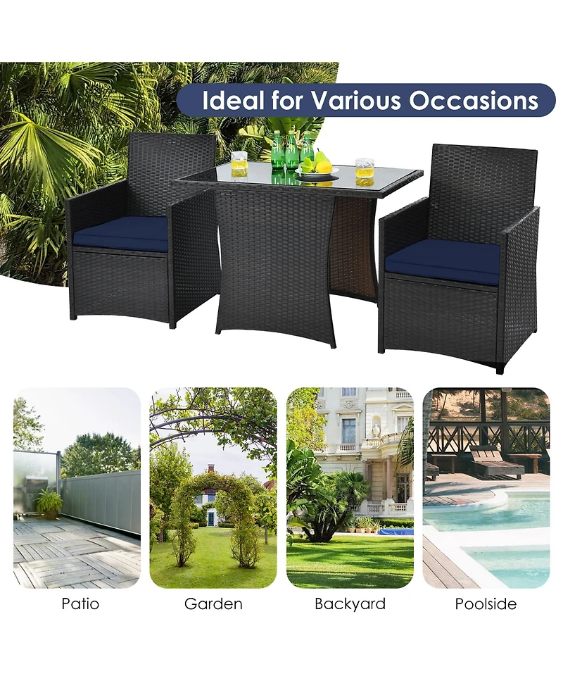 Gymax 3PCS Patio Wicker Bistro Set Pe Rattan Dining Table Set w/ Navy Cushions