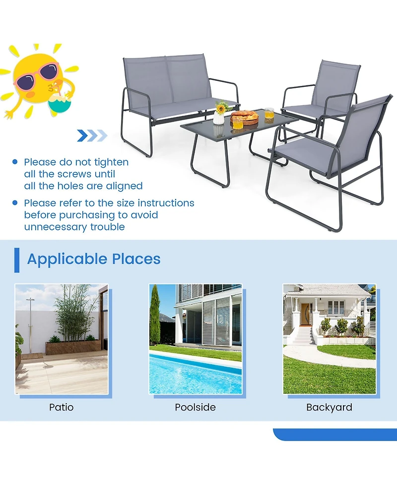 Gymax 4PCS Metal Outdoor Conversation Set Patio Furniture Set w/ Glass Table