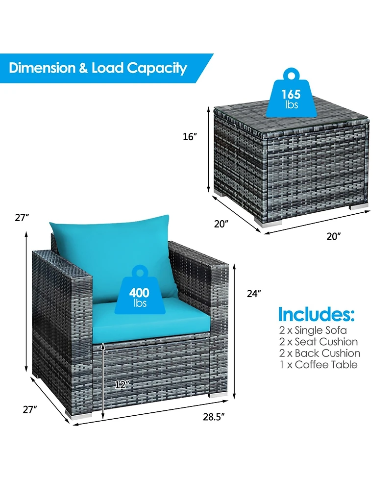 Gymax 3PCS Rattan Patio Conversation Furniture Set Outdoor Yard w/ Cushion