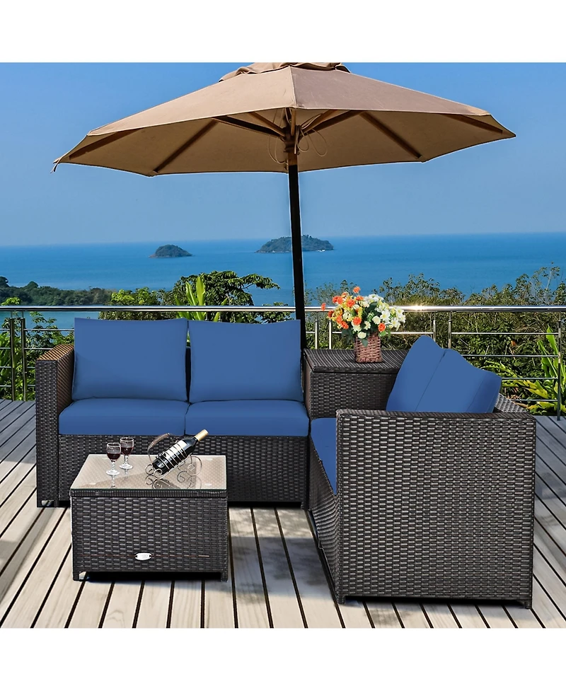 Gymax 4PCS Cushioned Rattan Patio Conversation Set w/ Side Table Navy Cushion