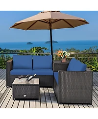Gymax 4PCS Cushioned Rattan Patio Conversation Set w/ Side Table Navy Cushion